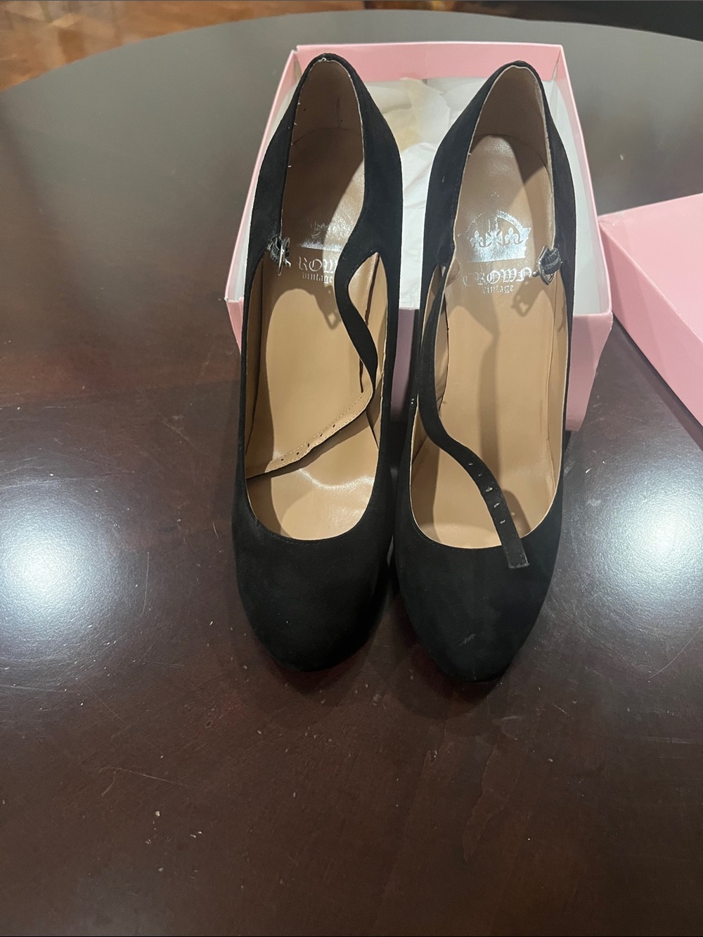 Crown Vintage Black Suede Round-Toe Mary Jane Heels with Ankle Strap